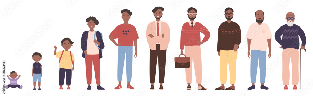 African american black man in different ages vector illustration. Human life stages, childhood, youth, adulthood and senility. Children, young and elderly people flat characters isolated African american black man in different ages vector illustration. Human life stages, childhood, youth, adulthood and senility. Children, young and elderly people flat characters isolated