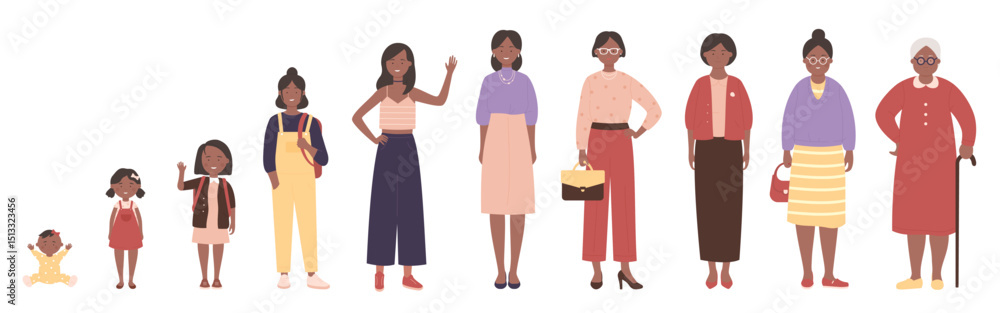 Obraz premium African american black woman in different ages vector illustration. Human life stages, childhood, youth, adulthood and senility. Children, young and elderly people flat characters isolated