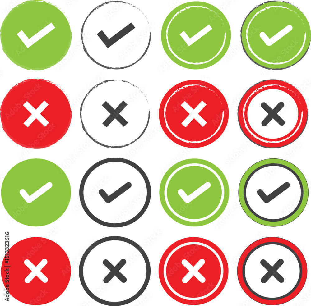 Check and Cross Icons Set Red Green Black Circular Tick and Wrong Symbols for Web UI and Design Use Check and Cross Icons Set Red Green Black Circular Tick and Wrong Symbols for Web UI and Design Use