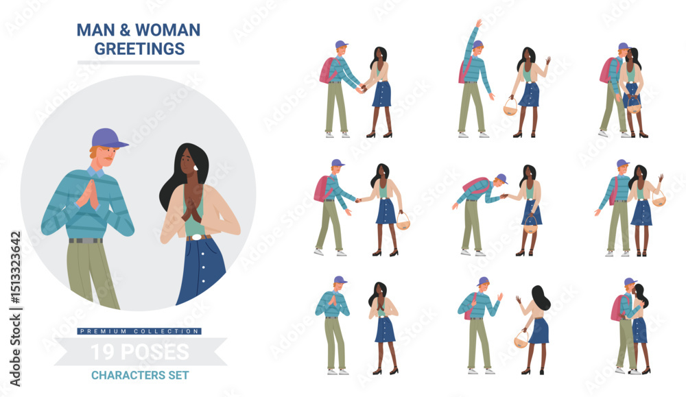 People greetings poses vector illustration set. Cartoon man woman friends characters greet, posing, handshaking and hugging during meeting, animation greetings gestures collection isolated on white People greetings poses vector illustration set. Cartoon man woman friends characters greet, posing, handshaking and hugging during meeting, animation greetings gestures collection isolated on white
