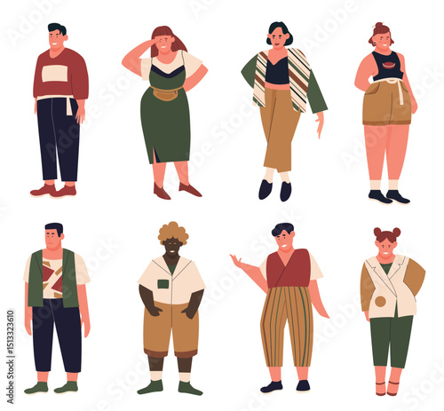 Plus size people vector illustration set. Cartoon flat collection with curvy fat young man woman in casual summer clothes, happy body positive overweight fat male female characters isolated on white