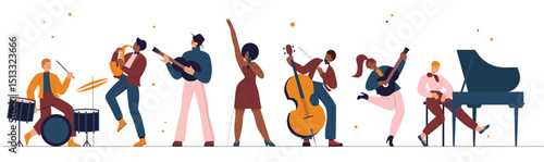 International jazz day, retro music festival party panorama concert vector illustration. Live music band playing musical instrument, woman singer and musicians with saxophone piano drum background