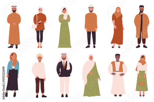Muslims people vector illustration set. Cartoon flat happy Muslim man woman characters in different clothes standing together in row, Islamic religious young persons collection isolated on white