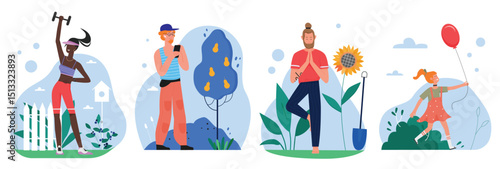 People in garden vector illustration set. Cartoon flat fitness girl character doing sport exercises, yogist standing in yoga pose asana after gardening, child playing with balloon isolated on white