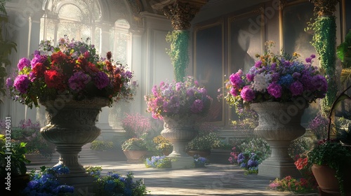 Flower arrangements in stone vases fill a bright ornate indoor garden space.