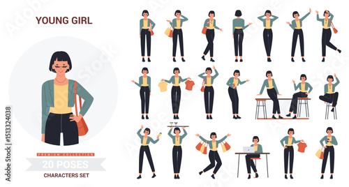 Young fashion girl poses vector illustration set. Cartoon fashionable female character standing and walking, fashionista woman shopping, spending fun time at bar in different posture isolated on white