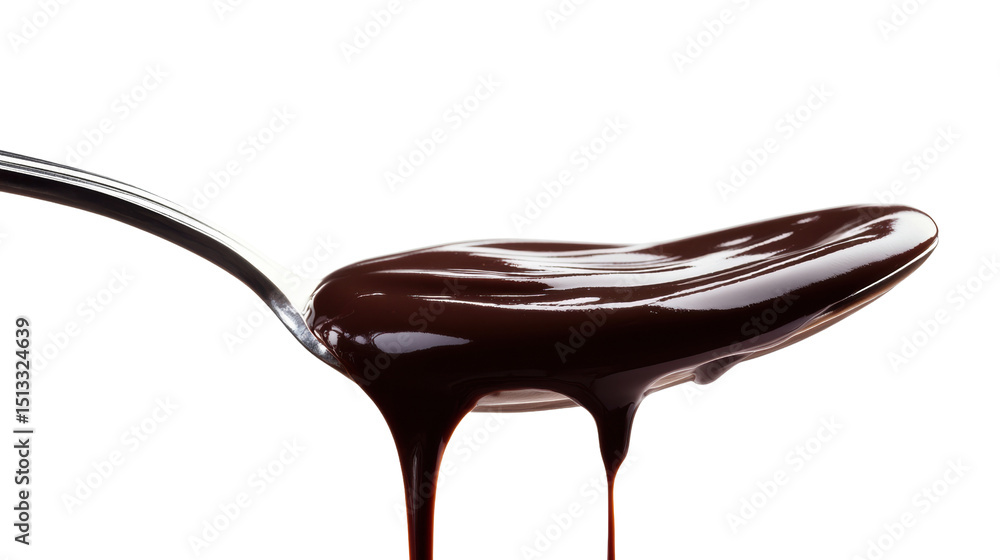 Close-up of rich, glossy chocolate sauce dripping from a metal spoon. Close-up of rich, glossy chocolate sauce dripping from a metal spoon.