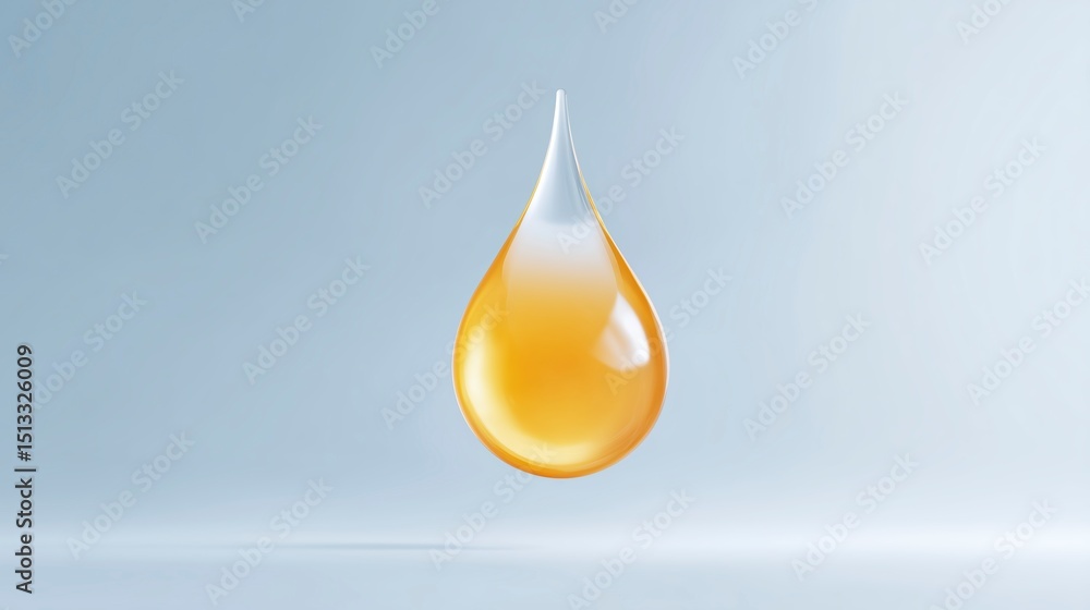 Transparent drop of golden liquid suspended in mid-air against a soft gradient background creating a serene and modern visual atmosphere Transparent drop of golden liquid suspended in mid-air against a soft gradient background creating a serene and modern visual atmosphere