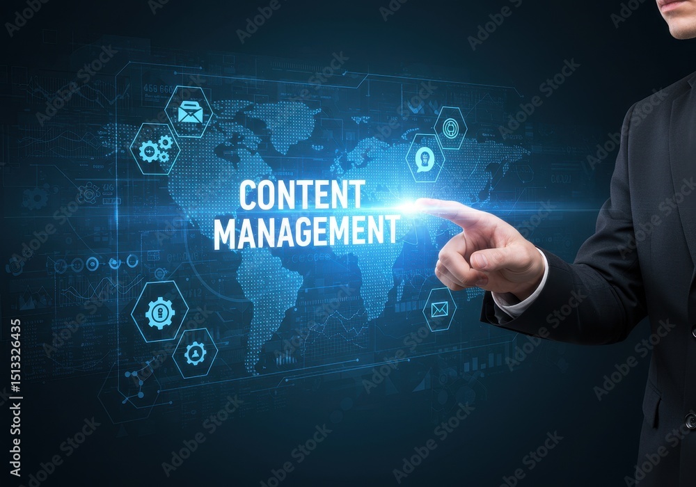 Naklejka premium Content management system concept with businessman touching virtual interface screen