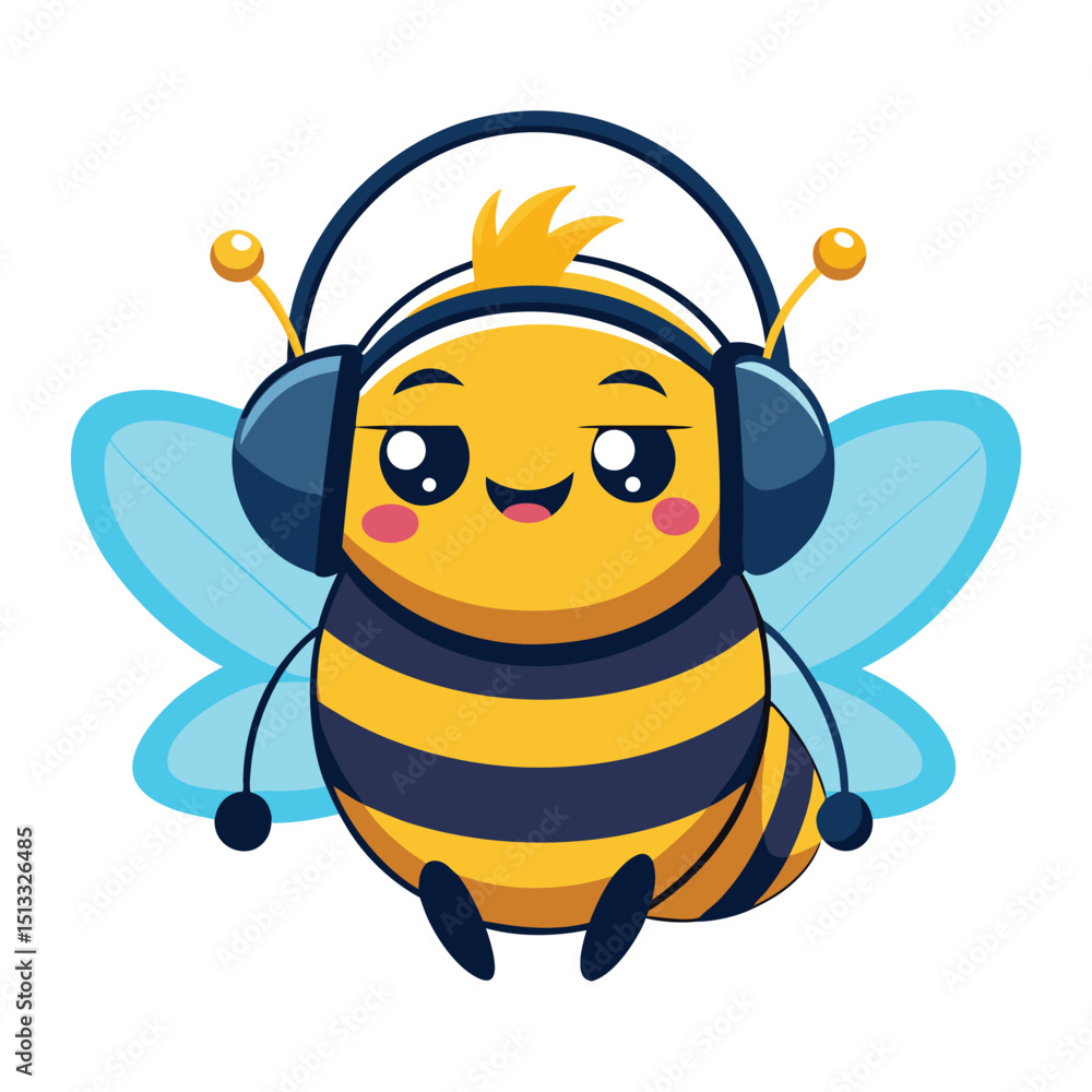 Obraz premium A cute, happy cartoon bee flies with sweet honey to a yellow flower, a funny insect illustration