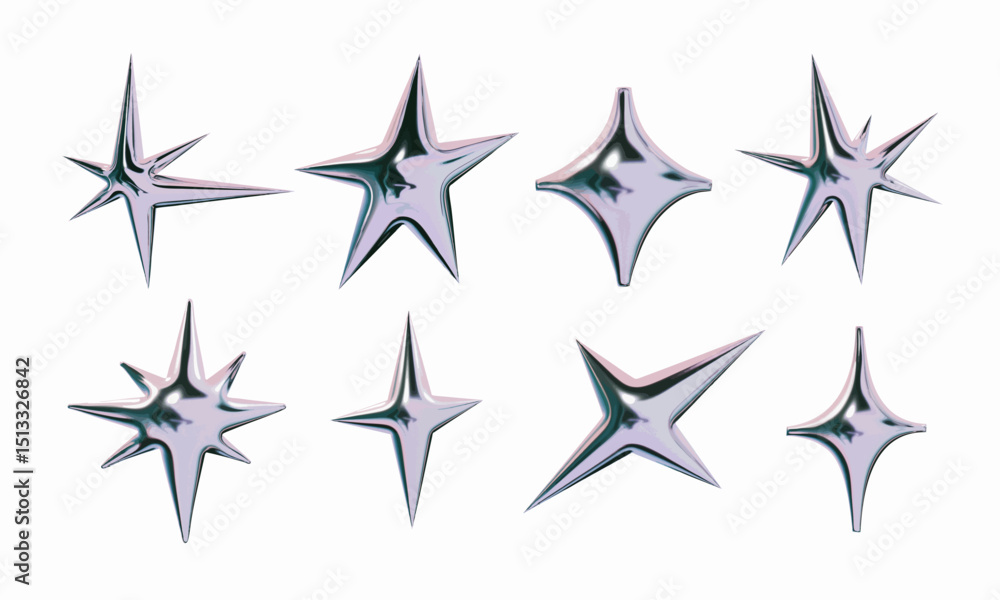 Obraz premium Glossy Chrome Abstract Star Element. A curated set of eight metallic star elements featuring asymmetrical spikes soft diamond radiant bursts. Perfect for futuristic branding digital stickers sci fi