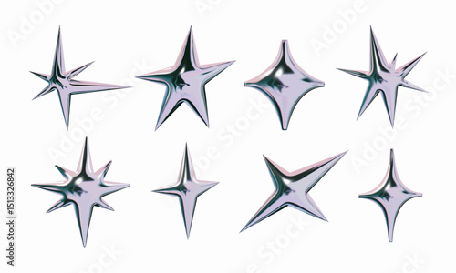Glossy Chrome Abstract Star Element. A curated set of eight metallic star elements featuring asymmetrical spikes soft diamond radiant bursts. Perfect for futuristic branding digital stickers sci fi