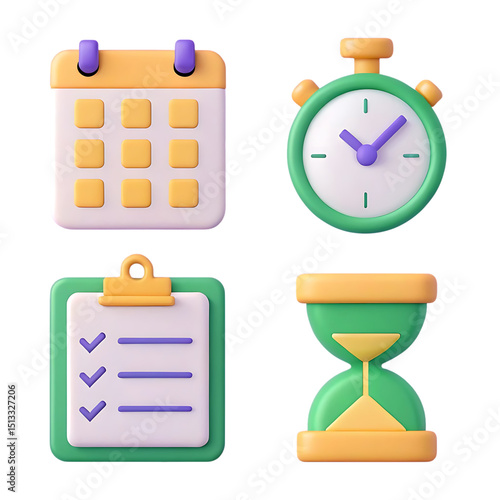 3d rendered icons representing time management tools calendar stopwatch checklist hourglass