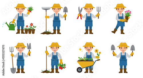 Cartoon Gardener Characters with Gardening Tools and Plants in Various Poses