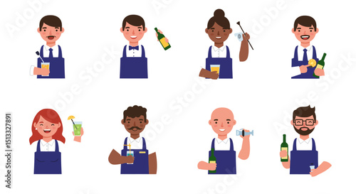 Diverse Cartoon Bartenders Holding Drinks and Bottles in Uniform