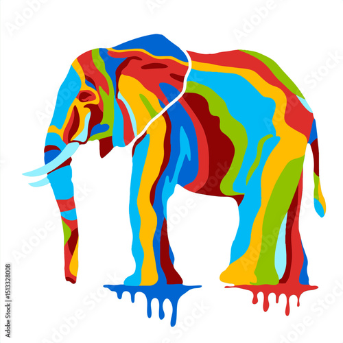 Vibrant rainbow elephant silhouette in abstract paper cut style with dripping paint effect, perfect for bold decor, posters, eco and wildlife-themed art