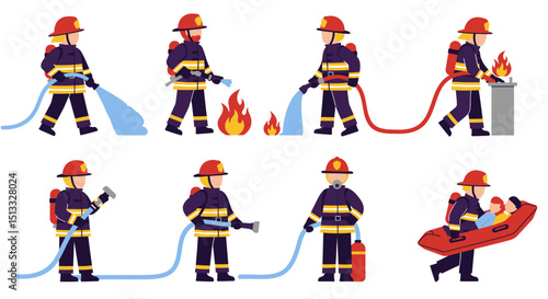 Firefighters in Action Extinguishing Fires and Rescuing People