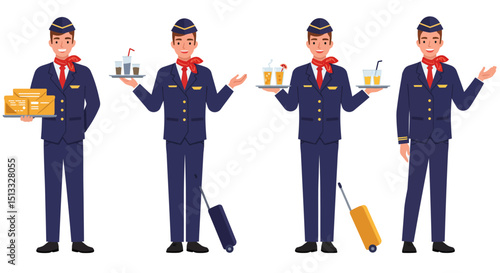 Four cartoon flight attendants in uniform with luggage and drinks