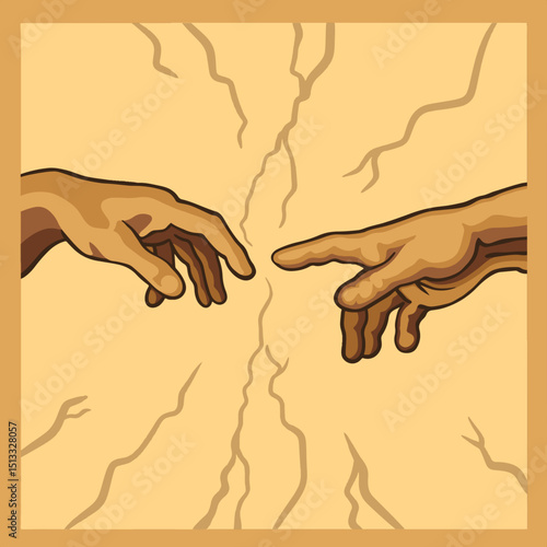 Famous Creation hands artwork in layered paper cut style, symbolic and minimalist vector design with cracked background and touching fingers