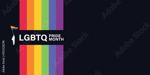 Happy pride month horizontal banner with pride color striped ribbon flag isolated on dark background. LGBTQ Pride month or pride day poster