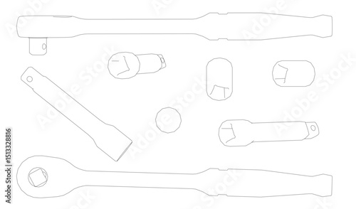 A set of tools are drawn in black and white. The tools include a wrench, pliers, and a screwdriver. Concept of precision and technical skill, as the tools are drawn with great detail and accuracy