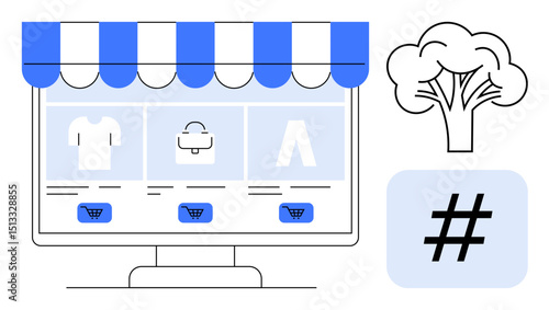 Desktop screen displaying e-commerce store with storefront design, shopping cart icons a tree and metadata tag represent eco-friendly practices, trends. Ideal for e-commerce, retail, sustainability