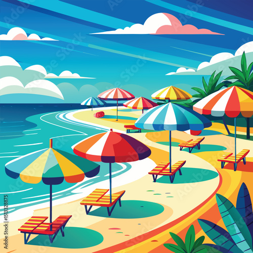 Colorful Beach Scene with Umbrellas and Loungers in a Stylized Illustration