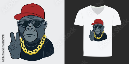 Urban Gorilla: A stylized depiction of a cool gorilla in streetwear, featuring sunglasses, a backward cap, and a gold chain, evoking urban vibes and relaxed confidence. 