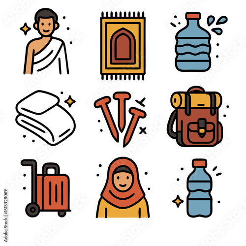 Icons for items needed for hajj pilgrimage Kaaba, ihram, tent, compass, water bottle, pebbles. Perfect for travel apps, religious websites, educational materials.