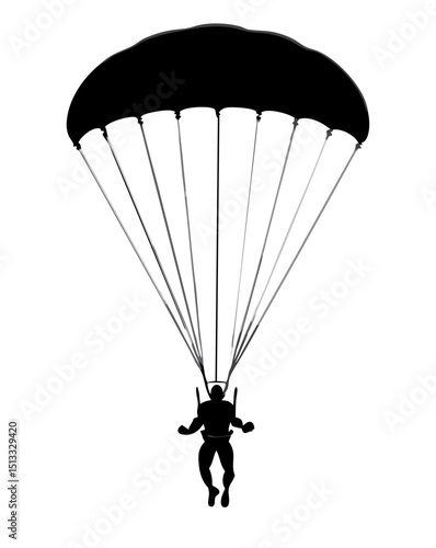 paratrooper descending with parachute fully deployed, vector design isolated on white
