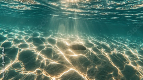 Underwater view shows sunlight filtering through water illuminating the sandy seabed.