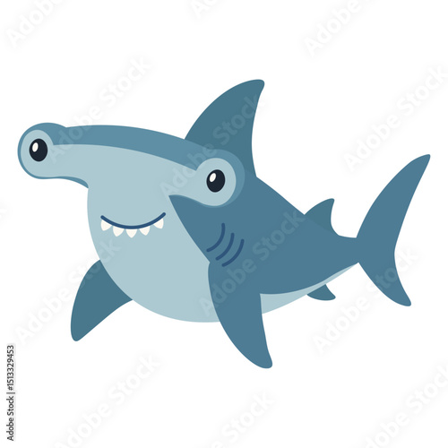 Cute hammerhead shark cartoon illustration. Funny smiling shark character. Baby hammerhead fish clipart.