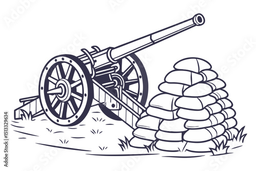 vector of large field gun surrounded by sandbag defenses, isolated on white background
