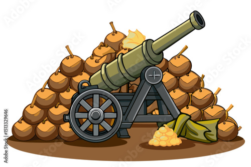 vector of large field gun surrounded by sandbag defenses, isolated on white background
