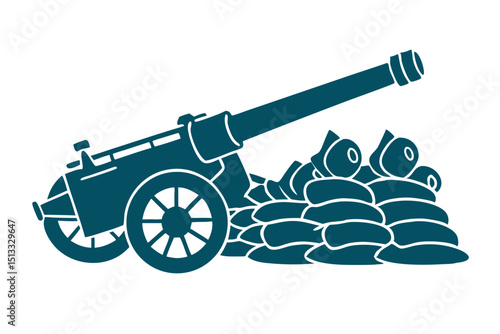 vector of large field gun surrounded by sandbag defenses, isolated on white background

