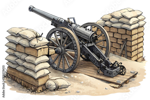 vector of large field gun surrounded by sandbag defenses, isolated on white background
