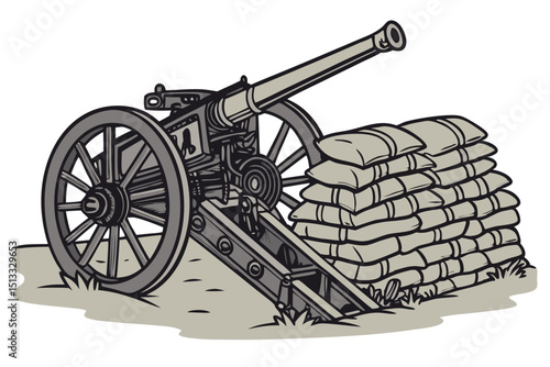 vector of large field gun surrounded by sandbag defenses, isolated on white background
