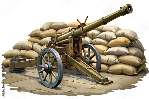 vector of large field gun surrounded by sandbag defenses, isolated on white background
