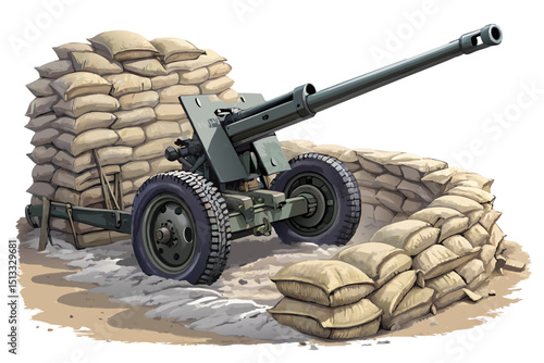 vector of large field gun surrounded by sandbag defenses, isolated on white background

