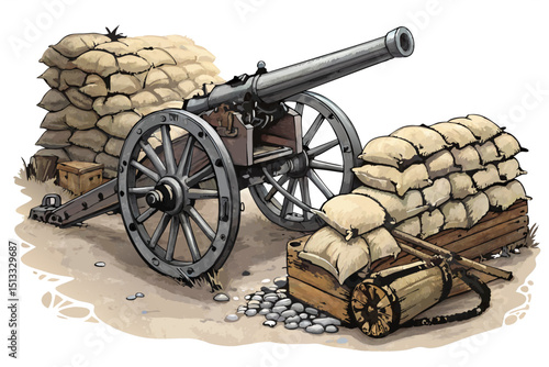vector of large field gun surrounded by sandbag defenses, isolated on white background
