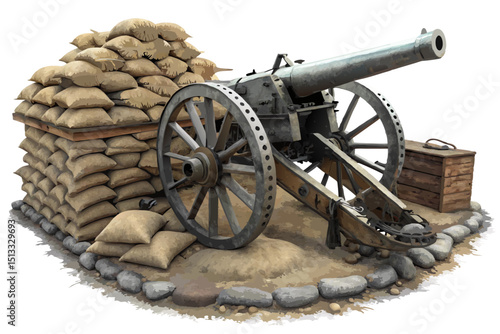 vector of large field gun surrounded by sandbag defenses, isolated on white background

