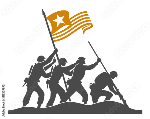 patriotic scene of soldiers raising national flag in teamwork pose, vector style on white
