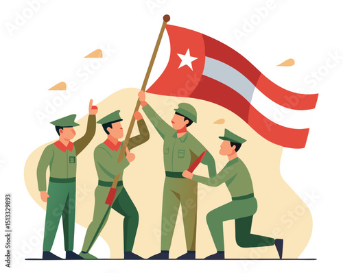patriotic scene of soldiers raising national flag in teamwork pose, vector style on white
