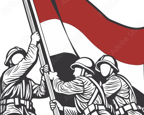patriotic scene of soldiers raising national flag in teamwork pose, vector style on white
