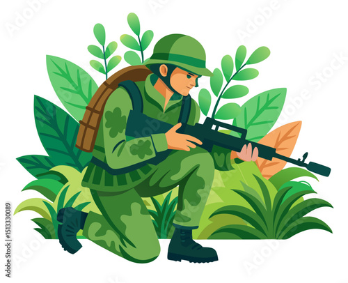 soldier crouching in foliage with tropical camo, rifle at ready, clean vector on white
