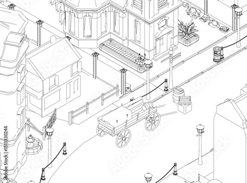 A drawing of a city street with a truck and a house. The street is empty and the truck is parked on the side of the road. Isometric view