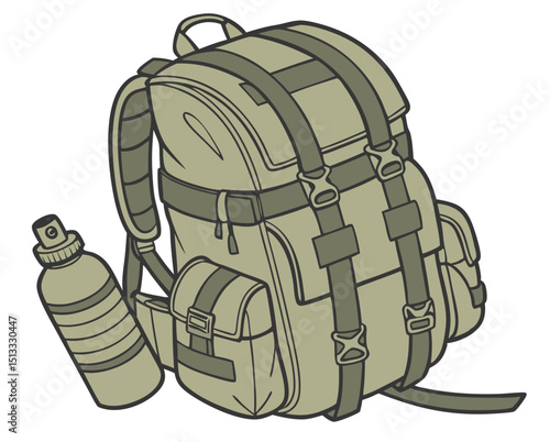 vector of rugged military backpack with water canteen and gear pouches, white background
