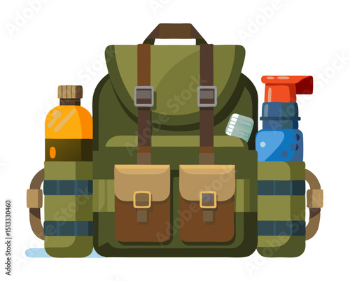 vector of rugged military backpack with water canteen and gear pouches, white background
