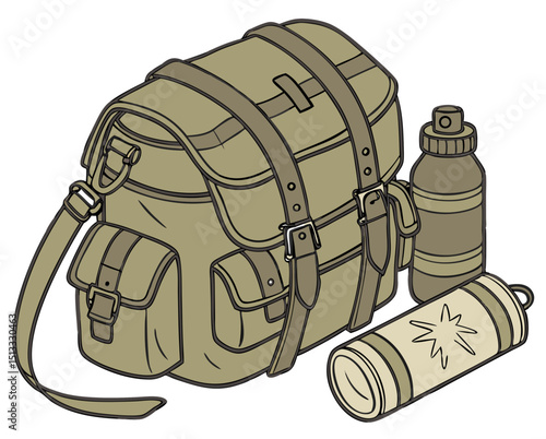 vector of rugged military backpack with water canteen and gear pouches, white background
