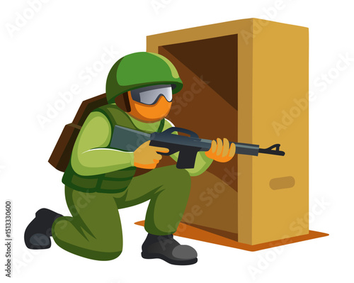 vector of soldier taking cover behind building corner, rifle ready, isolated on white
